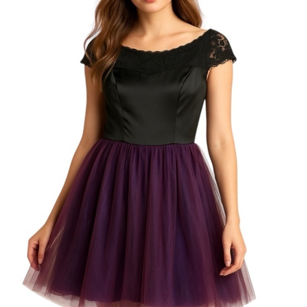 Womens Purple Black Lace Tulle Skirt Dress sz‎ M Short Sleeve Whimsigoth Y2k
